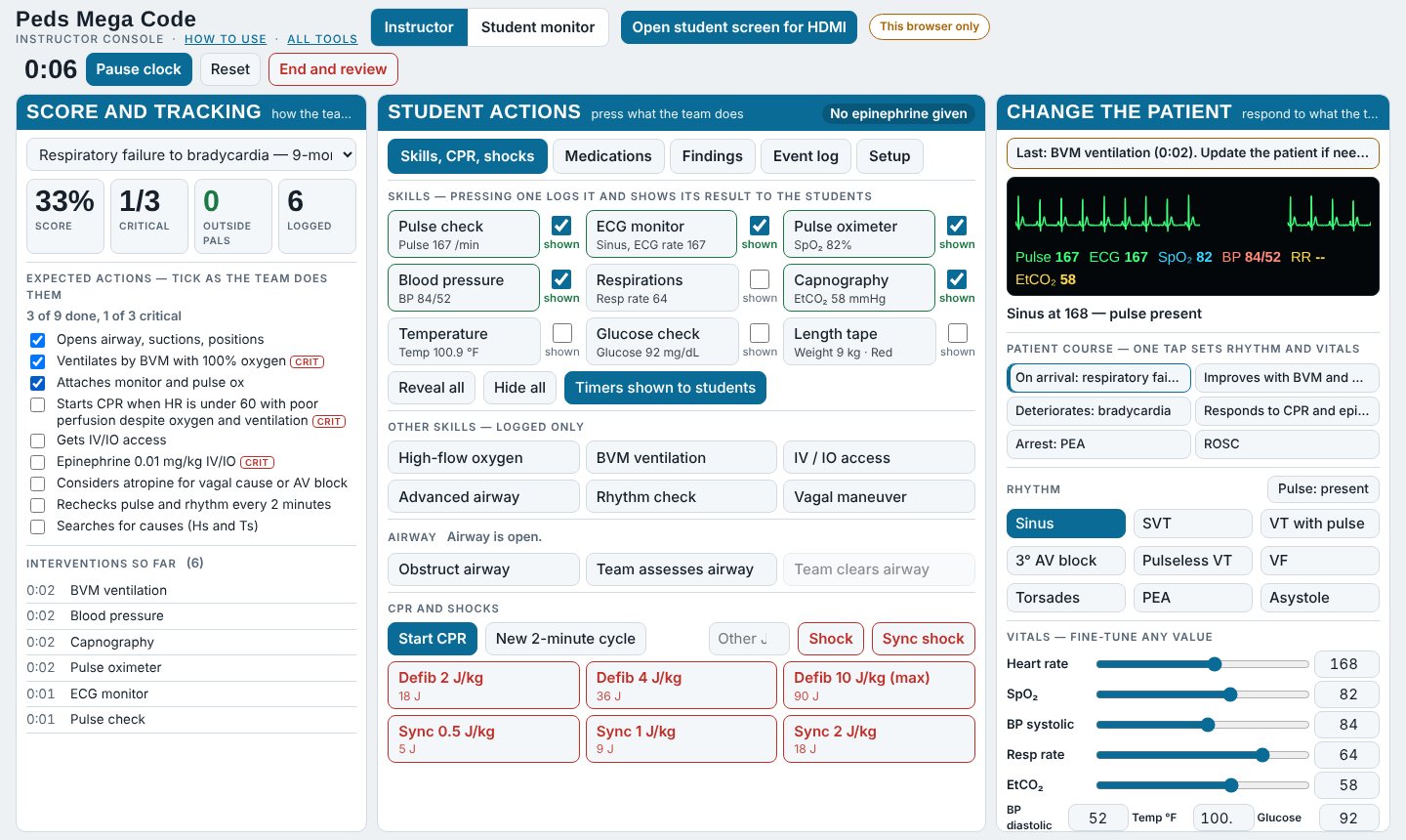 The instructor console: a top bar with the clock, and three columns titled Score and tracking, Student actions, and Change the patient