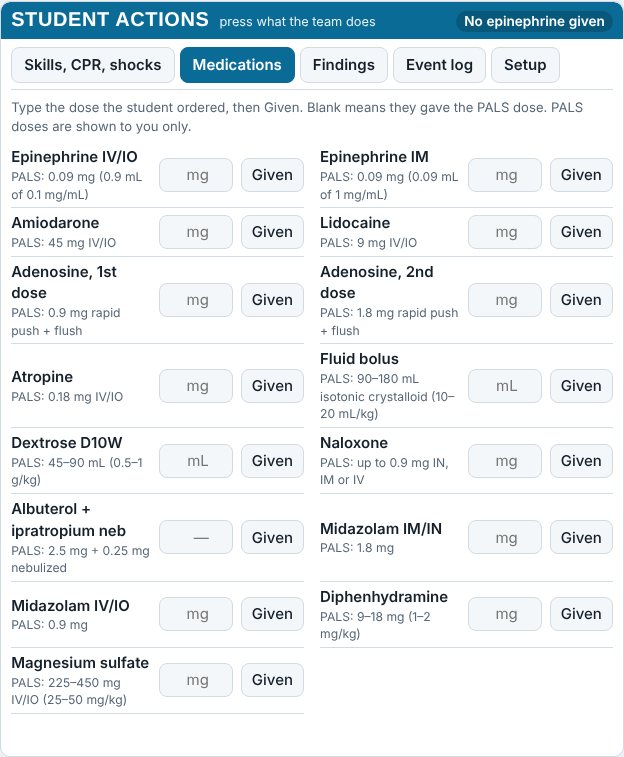 The Medications tab: a list of drugs, each with its PALS dose, a box for the dose given and a Given button