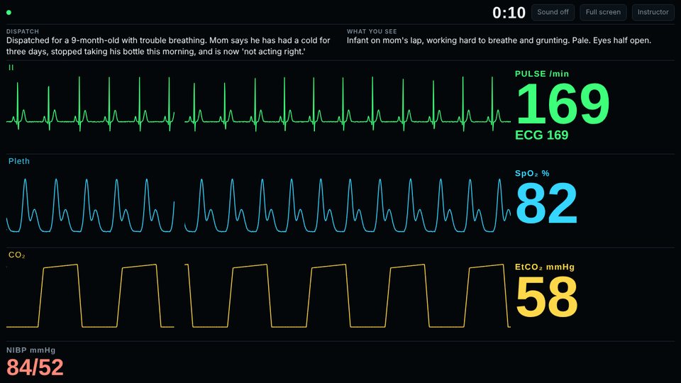 Student screen with ECG, pulse oximetry and capnography traces and numbers, plus blood pressure